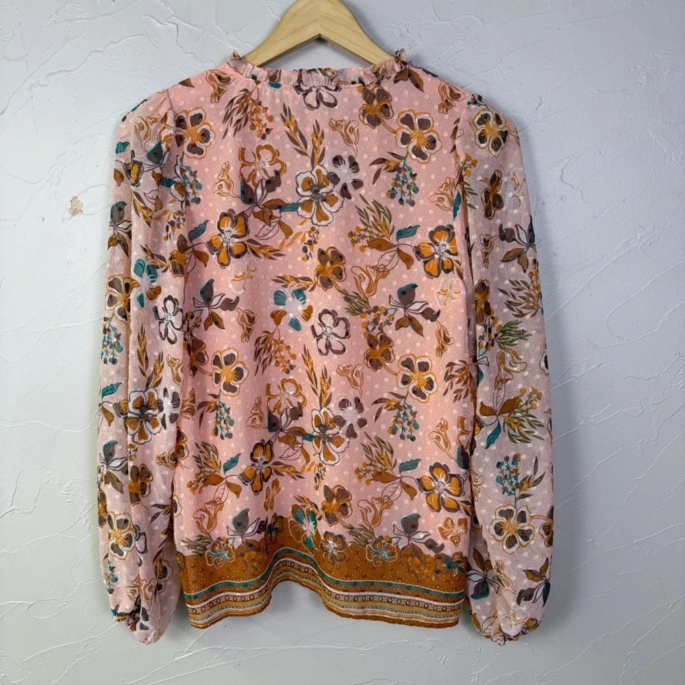 Joie Floral Clip Dot Blouse Women Size Medium Pink Long Sleeve V Neck Boho
